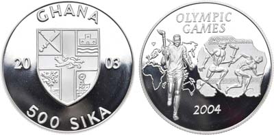 Лот №32,  Гана. Республика. 500 сика 2003 года. XXVIII летние Олимпийские Игры, Афины 2004-олимпийский огонь.