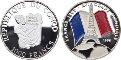 Лот №57,  Конго. Республика. 1000 франков 1997 года. XVI чемпионат мира по футболу во Франции (Флаг и Эйфелева башня).