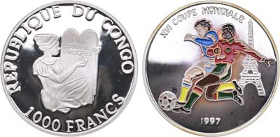 Лот №60,  Конго. Республика. 1000 франков 1997 года. XVI чемпионат мира по футболу во Франции (Два игрока и Эйфелева башня).