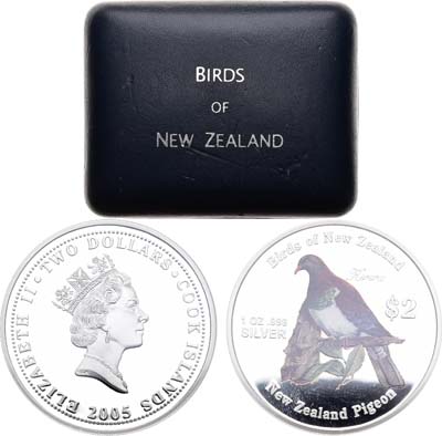 Лот №68,  Острова Кука. Британское содружество. Королева Елизавета II. 2 доллара 2005 года.  Птицы Новой Зеландии - Новозеландский плодоядный голубь.