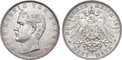 Лот №101,  Германская Империя. Королевство Бавария. Король Отто I. 3 марки 1910 года.