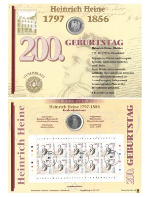 Лот №128,  ФРГ. 10 марок 1997 года 200 лет со дня рождения Генриха Гейне, с квартблоком марок.