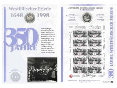 Лот №129,  ФРГ. 10 марок 1998 года 350 лет подписания Вестфальского Мирного Договора, с квартблоком марок.