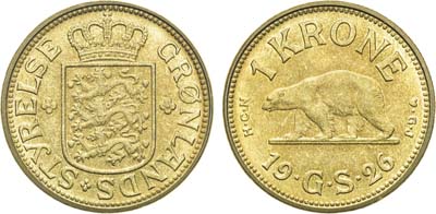 Лот №130,  Гренландия. Королевство Дания. Король Кристиан X. 1 крона 1926 года.