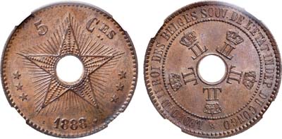 Лот №141,  Конго. Свободное государство. Король Леопольд II. 10 сантимов 1888 года. В слабе ННР MS 65 BN.