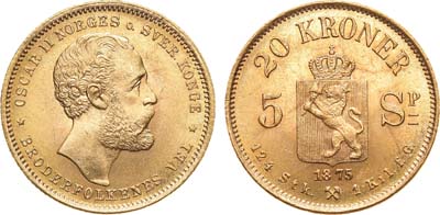 Лот №159,  Королевство Норвегия. Шведско-норвежская уния. Король Оскар II. 20 крон 1875 года.