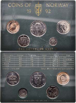 Лот №160,  Королевство Норвегия. Король Харальд V. Годовой набор монет 1992 года.