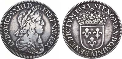 Лот №199,  Королевство Франция. Король Людовик XIII. 1/4 экю 1643 года. A.