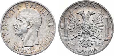 Лот №41,  Албания. Итальянская оккупация. Король Виктор Эммануил III. 5 лек 1939 года.