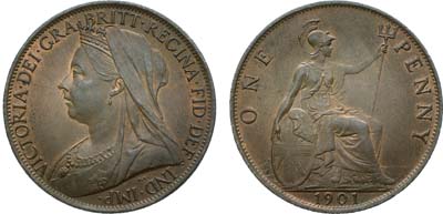 Лот №58,  Великобритания. Королева Виктория. 1 пенни 1901 года.
