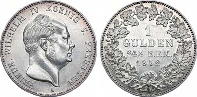 Лот №69,  Германия. Королевство Пруссия. Король Фридрих Вильгельм IV Гогенцолерн. 1 гульден 1852 года.
