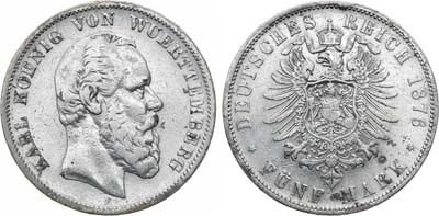 Лот №82,  Германская империя. Королевство Вюртемберг. Король Карл I. 5 марок 1876 года.