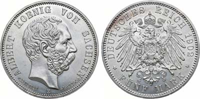 Лот №86,  Германская империя. Королевство Саксония. Король Альберт. 5 марок 1902 года. На смерть Альберта Саксонского.