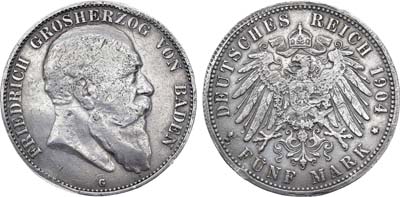 Лот №88,  Германская империя. Великое герцогство Баден. Великий герцог Фридрих I. 5 марок 1904 года.