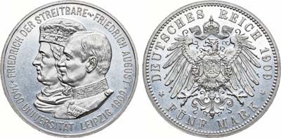 Лот №96,  Германская империя. Королевство Саксония. Король Фридрих III Август. 5 марок 1909 года.