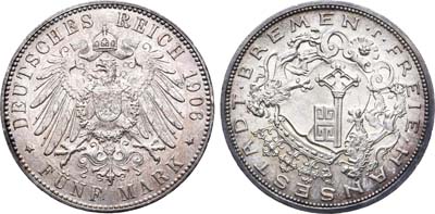 Лот №145,  Германская Империя. Бремен. 5 марок. 1906 года.