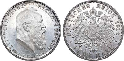 Лот №150,  Германская Империя. Бавария. 5 марок. 1911 года.