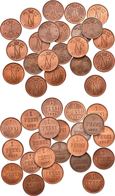 Лот №1028, Сборный лот из 22 монет Русской Финляндии номиналом 1 пенни 1917 года.