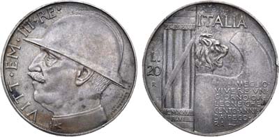 Лот №18,  Королевство Италия. Король Виктор Эммануил III. 20 лир 1928 года .