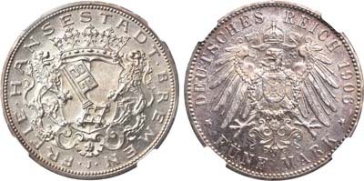 Лот №27,  Германская империя. Вольный ганзейский город Бремен. 5 марок 1906 года.