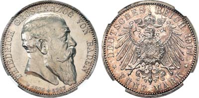 Лот №28,  Германская Империя. Великое герцогство Баден. Великий герцог Фридрих I. 5 марок 1907 года.