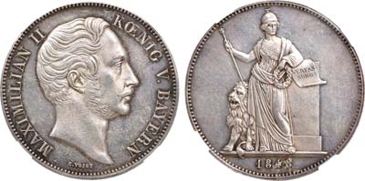 Лот №14,  Королевство Бавария. Король Максимилиан II Иосиф. 2 талера 1848 года. Новая Конституция Баварии. В слабе ННР MS 60.