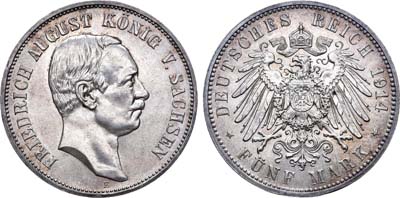 Лот №26,  Германская Империя. Королевство Саксония. Король Фридрих Август. 5 марок 1914 года.
