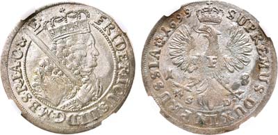Лот №17,  Герцогство Бранденбург-Пруссия. Король Фридрих III. 18 грошей (орт) 1699 года. В слабе ННР MS 63.