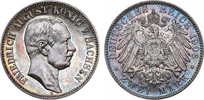 Лот №27,  Германская Империя. Королевство Саксония. Король Фридрих Август III. 2 марки 1906 года. В слабе ННР MS 64.
