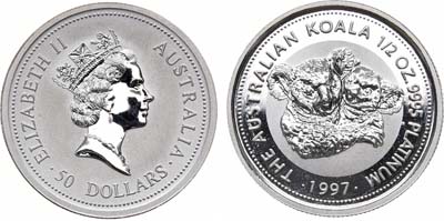 Лот №228,  Австралия. Британское содружество. Королева Елизавета II. 50 долларов 1997 года. Коала с детёнышем.