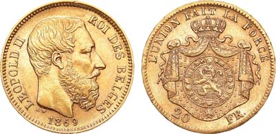 Лот №231,  Бельгия. Король Леопольд II. 20 франков 1869 года.