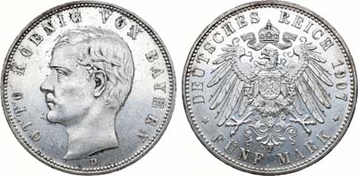 Лот №251,  Германская Империя. Королевство Бавария. Король Отто I. 5 марок 1907 года.