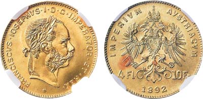 Лот №120,  Австро-Венгерская Империя. Император Франц Иосиф I. 4 флорина 1892 года. В слабе ННР MS 67.