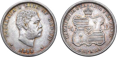 Лот №132,  Гавайские острова. Королевство Гавайи. Король Калакауа I. 1/4 доллара 1883 года.