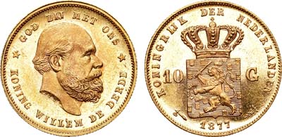 Лот №153,  Королевство Нидерланды. Король Виллем III. 10 гульденов 1877 года. В слабе ННР MS 64.