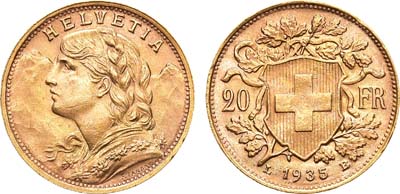 Лот №176,  Швейцария. Конфедерация. 20 франков 1935 года (L-B). Рестрайк.