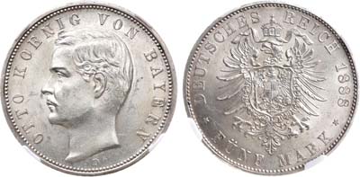 Лот №42,  Германская империя. Королевство Бавария. Король Отто I. 5 марок 1888 года. В слабе ННР MS 63.