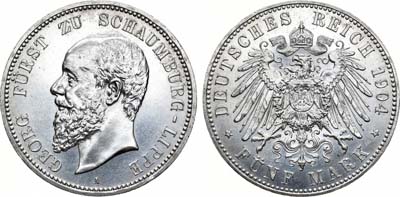 Лот №49,  Германская империя. Княжество Шаумбург-Липпе. Князь Георг. 5 марок 1904 года.