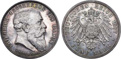 Лот №52,  Германская империя. Великое герцогство Баден. Великий герцог Фридрих I. 5 марок 1907 года.