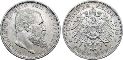 Лот №54,  Германская империя. Королевство Вюртемберг (Швабия). Король Вильгельм II. 5 марок 1908 года.