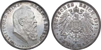 Лот №56,  Германская империя. Королевство Бавария. Принц-регент Луитпольд. 5 марок 1911 года.