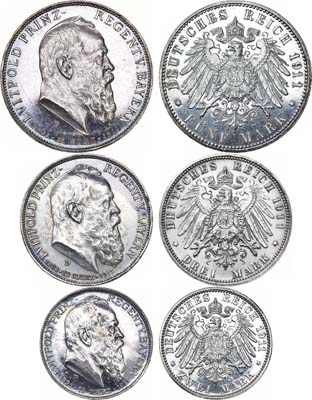Лот №59,  Германская империя. Королевство Бавария. Набор из 3 монет 1911 года в честь 90-летия принца-регента Луитпольда Баварского и 25-летия его правления.