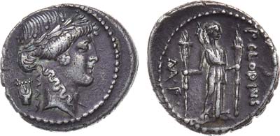 Лот №6,  Римская Республика. Монетарий Публий Клодий. Поздняя чеканка. Денарий 42 год до н.э.