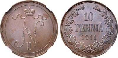 Лот №717, 10 пенни 1911 года. В слабе ННР MS 63.