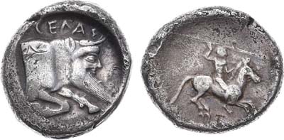 Лот №1,  Древняя Греция. 
Сицилия. Город Гела. 
Дидрахма. 490-475 годы до н.э .