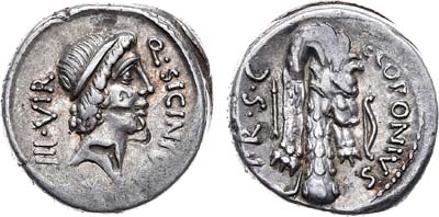 Лот №27,  Римская Республика. 
Денарий 49 года до н.э. Монетарии  Квинт Сициний и Гай Копоний..