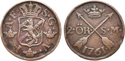 Лот №13,  Королевство Швеция. Король Адольф Фредрик. 2 эре 1761 года..