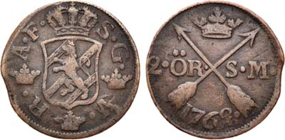 Лот №14,  Королевство Швеция. Король Адольф Фредрик. 2 эре 1762 года..