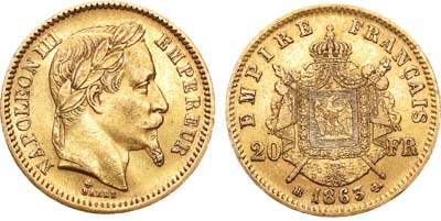 Лот №26,  Французская империя. Император Наполеон III. 20 франков 1860 года..