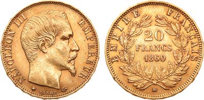 Лот №28,  Французская империя. Император Наполеон III. 20 франков 1863 года..